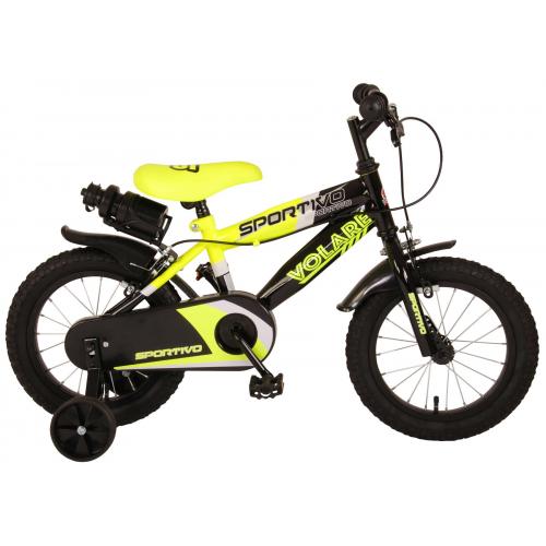 Volare Sportivo Kinderfiets - Jongens - 14 inch - Neon Geel Zwart - Twee Handremmen - 95% afgemonteerd