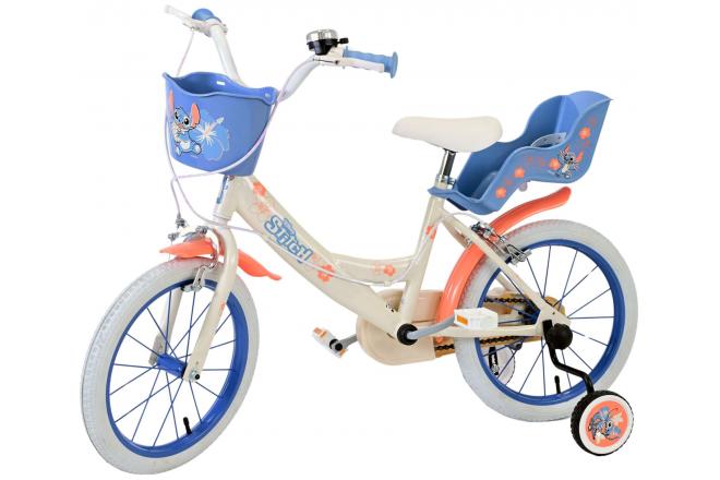 Disney Stitch Kinderfiets - Meisjes - 16 inch - Creme Koraal Blauw - Twee handremmen