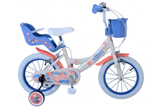 Disney Stitch Kinderfiets - Meisjes - 14 inch - Creme Koraal Blauw - Twee handremmen