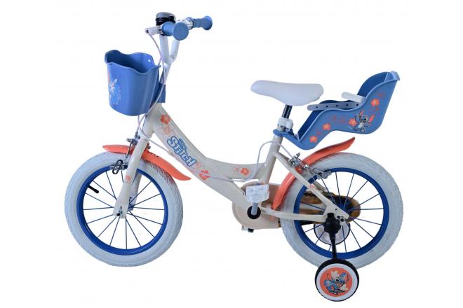 Disney Stitch Kinderfiets - Meisjes - 14 inch - Creme Koraal Blauw - Twee handremmen