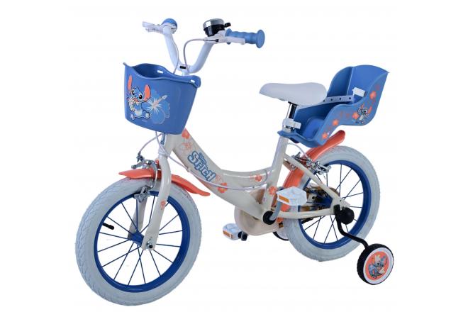 Disney Stitch Kinderfiets - Meisjes - 14 inch - Creme Koraal Blauw - Twee handremmen