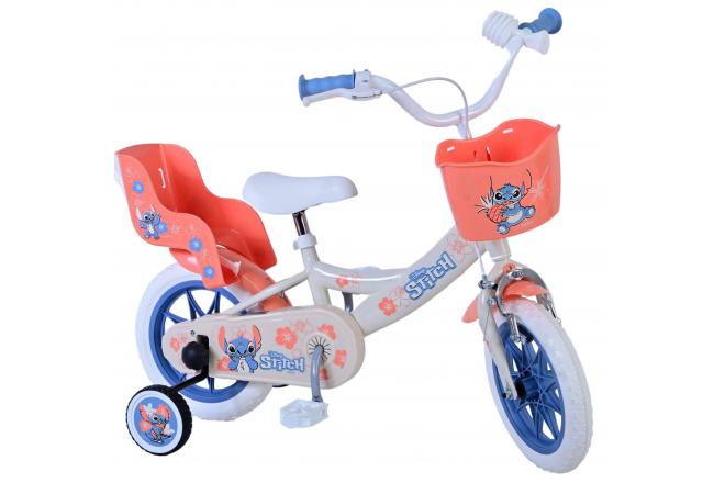 Disney Stitch Kinderfiets - Meisjes - 12 inch - Creme - Koraal - Blauw