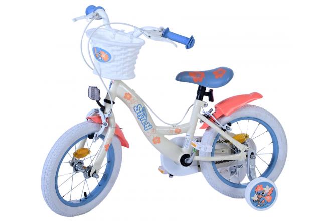 Disney Stitch Kinderfiets - Meisjes - 14 inch - Crème Koraal Blauw - Twee handremmen