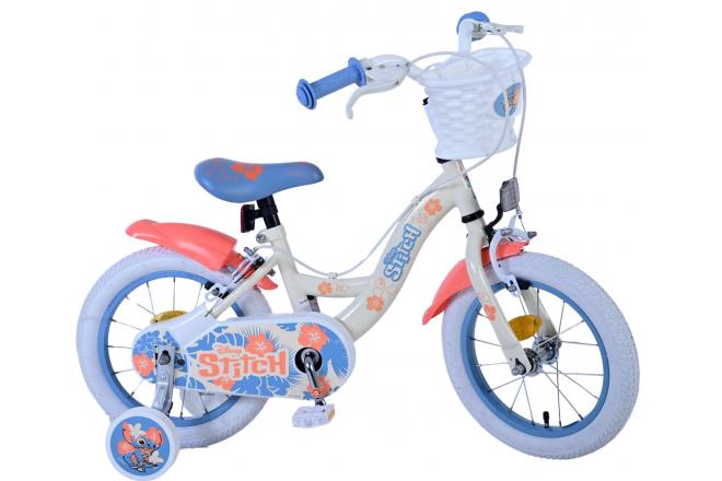 Disney Stitch Kinderfiets - Meisjes - 14 inch - Crème Koraal Blauw - Twee handremmen