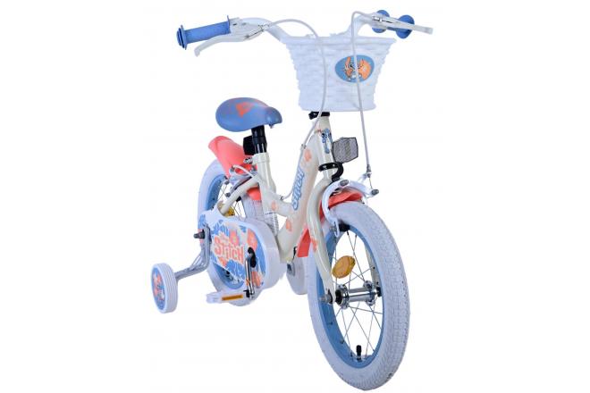 Disney Stitch Kinderfiets - Meisjes - 14 inch - Crème Koraal Blauw - Twee handremmen