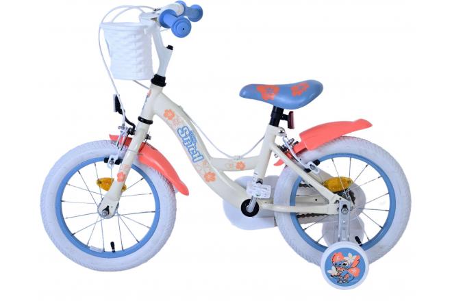 Disney Stitch Kinderfiets - Meisjes - 14 inch - Crème Koraal Blauw - Twee handremmen
